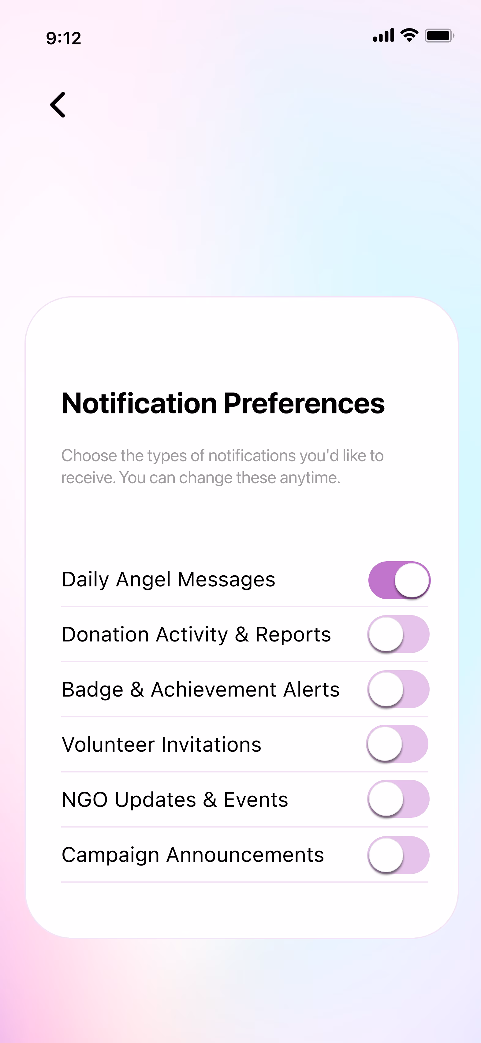 Daily Angel notification preferences screen